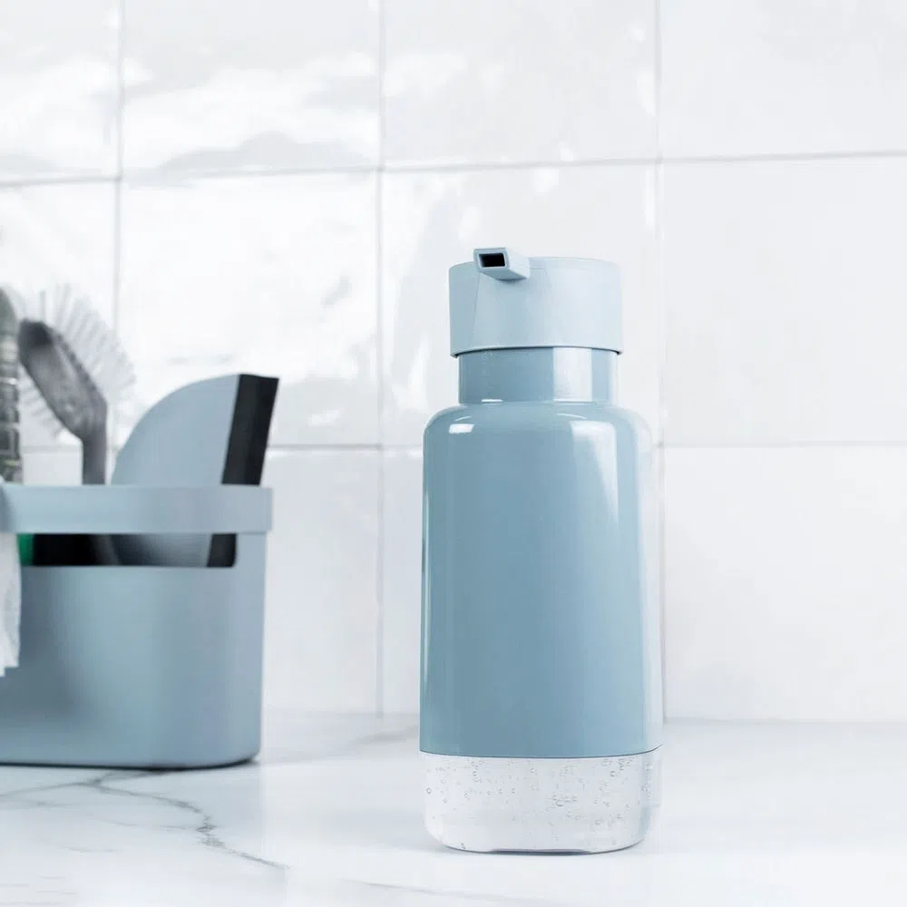 Designer Inovador Dispenser Porta Detergente Premium Trium 500ml Azul Glacial Fechado