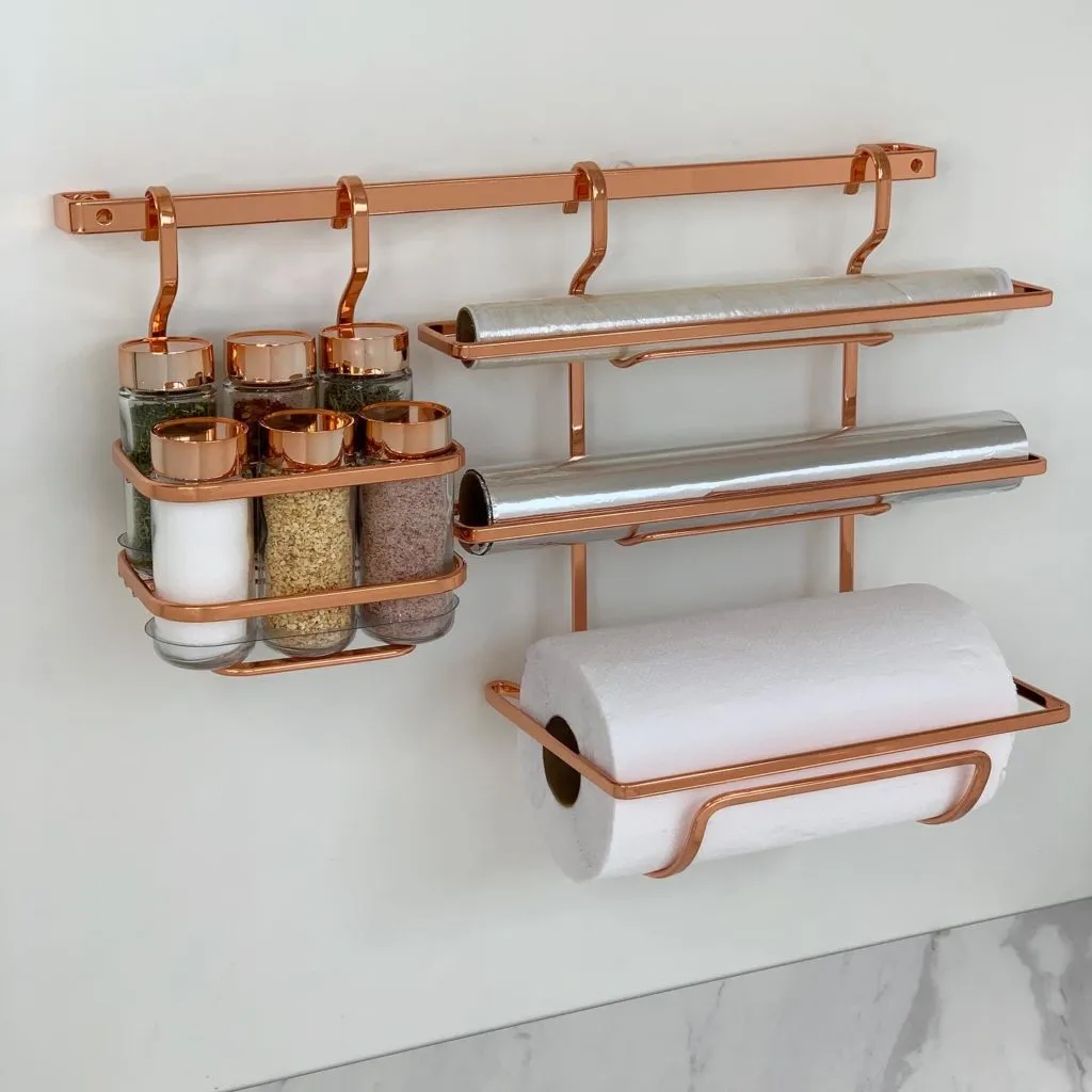 kit porta rolos e temperos em barra rose gold