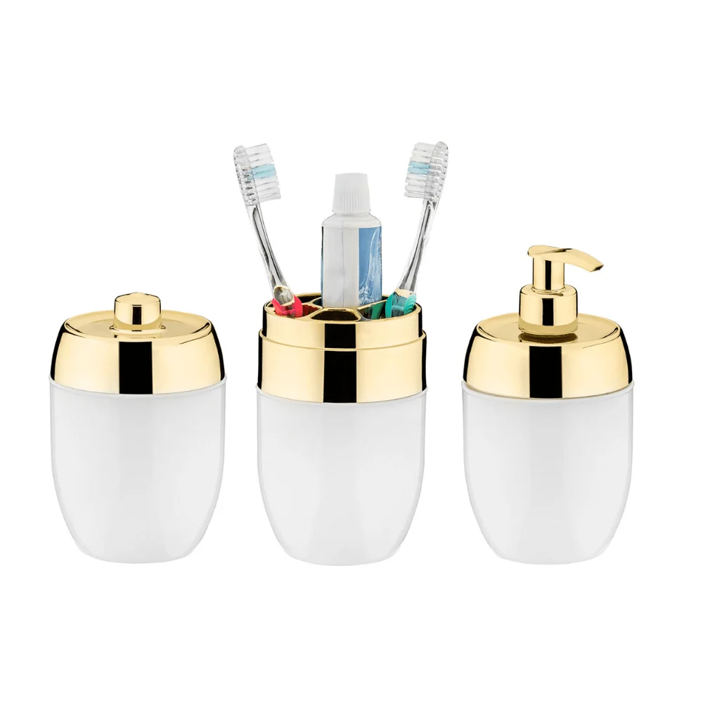 Acessórios para banheiro: Uma bancada mais bonita 2 Kit de Acessórios Para Banheiro Lavabo Branco e Dourado - 3 Peças